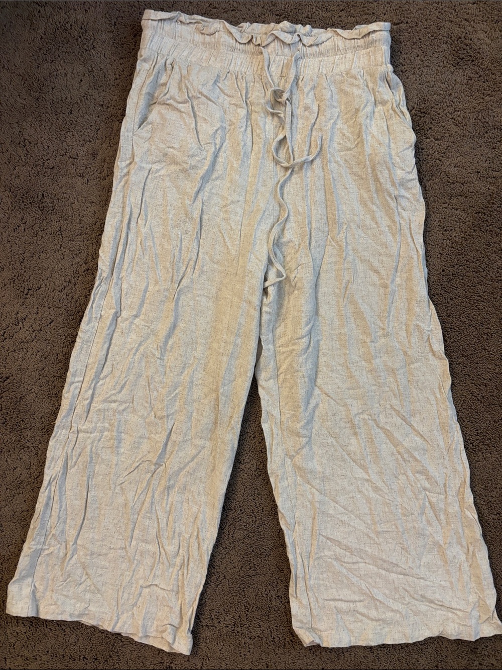 Neutral Cream Textured Drawstring Waist Pants